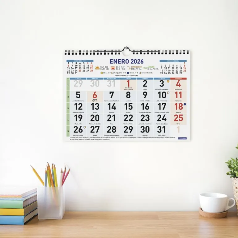Calendario pared color 2026 números grandes