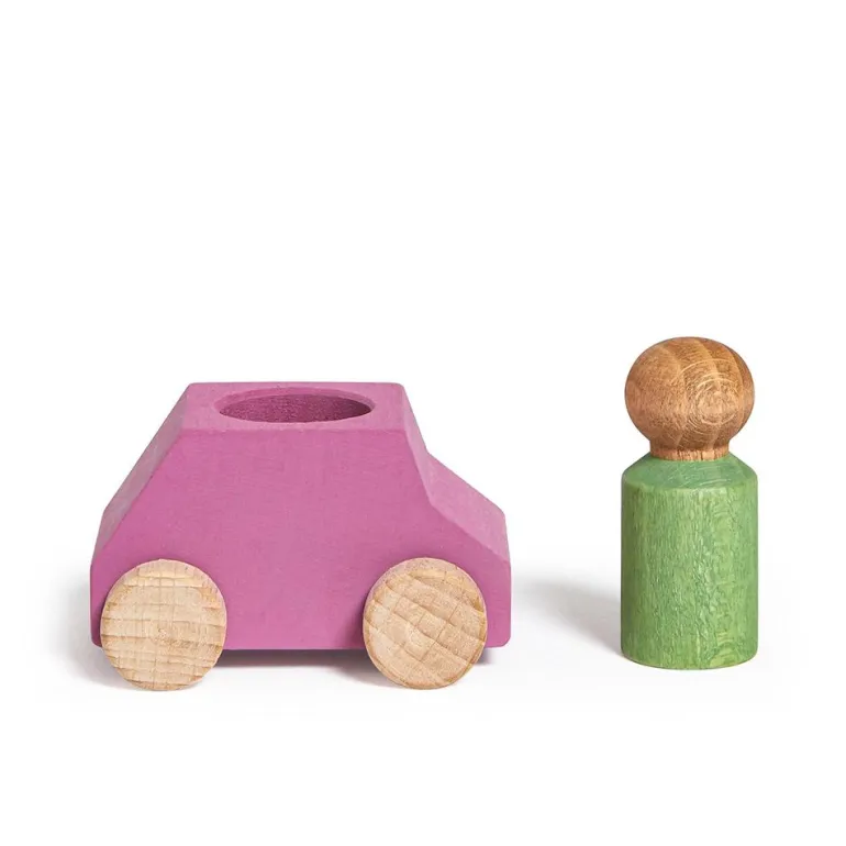 Coche madera rosa Lubu con figura verde