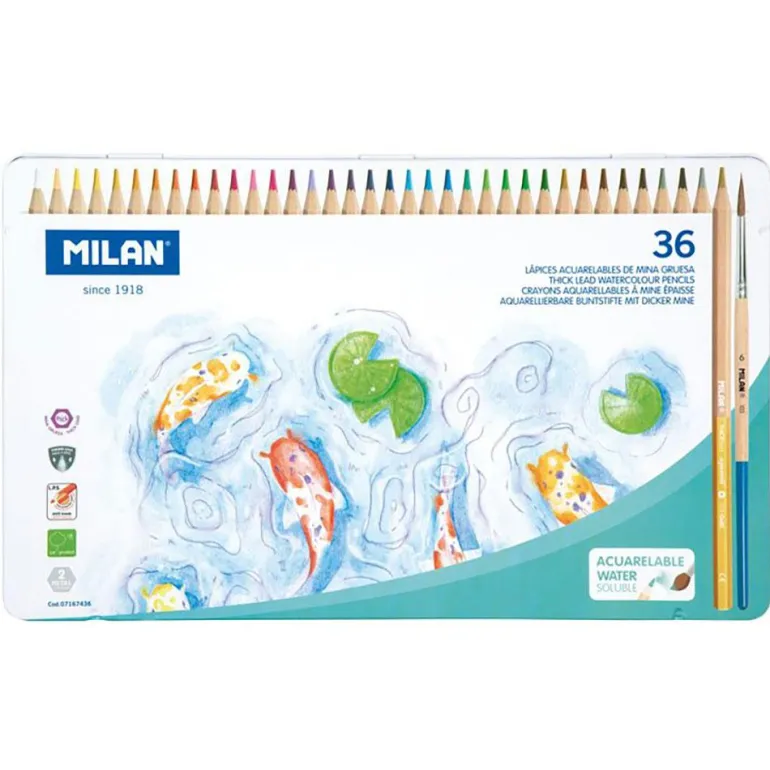 Lápiz acuarelable 36 colores mina gruesa caja de metal Milan