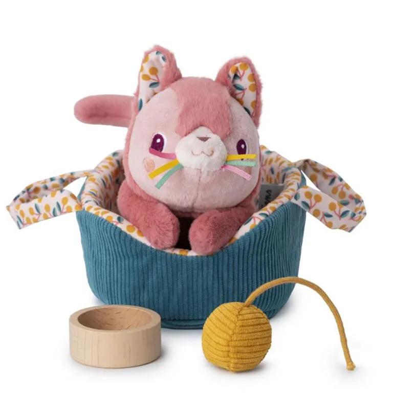 Peluche gata Jeanne con cesta y accesorios tela