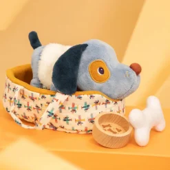Peluche perro Jules con cesta y accesorios tela