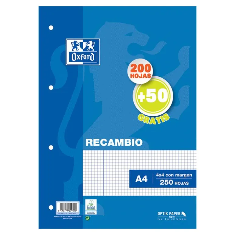 Recambio A4 cuadrícula 4x4mm 4 taladros 250 hojas con margen 90gr. Oxford