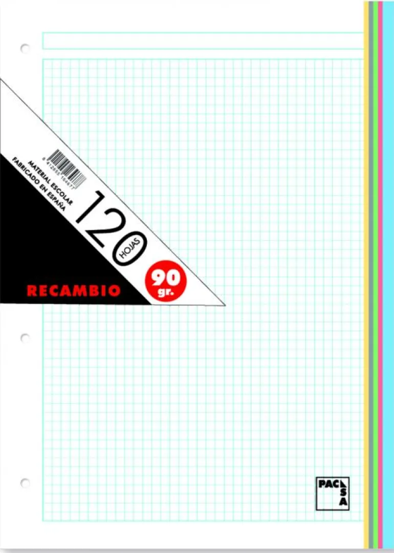 Recambio A4 cuadro 5mm. 4 taladros 120 hojas